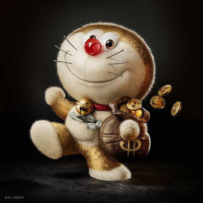 Luxury upgrade of a childhood favorite character holding a money bag and gold coins, blending nostalgia with high-end design.