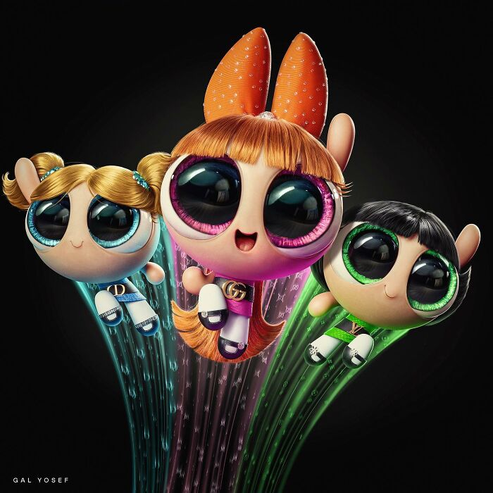 3D luxury upgrade of childhood favorites, the Powerpuff Girls, flying with designer accessories and vibrant colors.