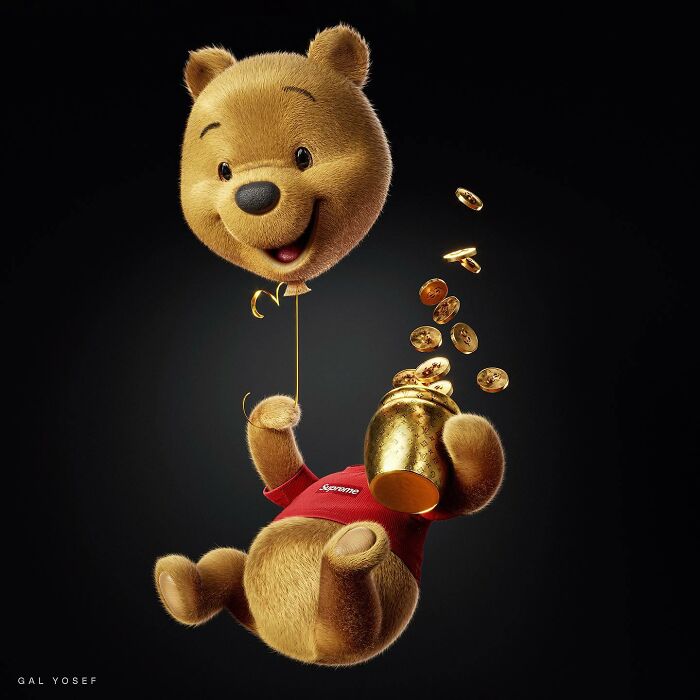Luxurious childhood favorite bear holding a gold jar with coins and a balloon on a dark background.