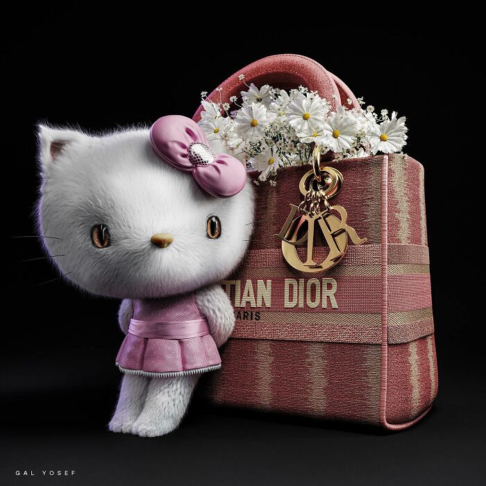 White childhood favorite character in a pink dress next to a luxury designer handbag with flowers inside.
