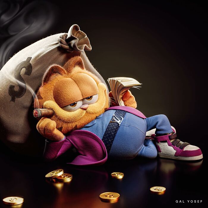 Garfield character with a cigar, luxury clothing, money stack, and a large money bag, childhood favorites luxury upgrade.