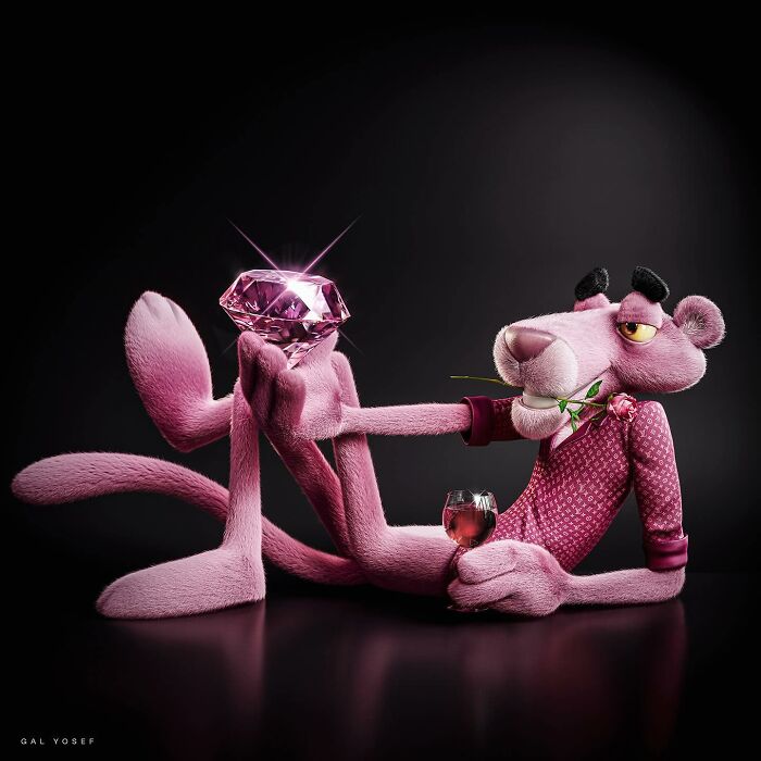 Pink Panther character in luxury attire holding a large diamond and a glass of wine, showcasing childhood favorites luxury upgrade.
