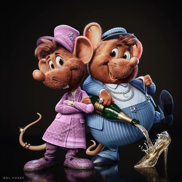 Two luxury-upgraded cartoon mice dressed in fashionable outfits, pouring champagne into a glass slipper.