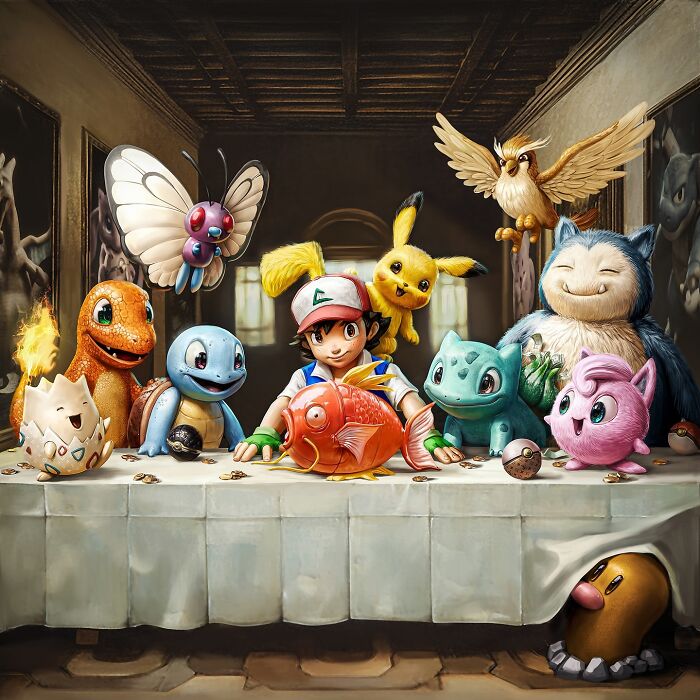Childhood favorites luxury upgrade featuring detailed realistic Pokémon characters gathered around a table in an elegant setting.