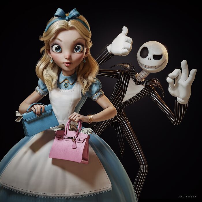 Stylized childhood favorites holding luxury handbags and cash, showcasing a luxury upgrade in a sophisticated dark setting.