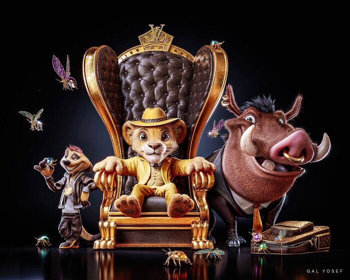Luxury upgrade of childhood favorites featuring animated lion cub, warthog, and meerkat in stylish attire with gold accents.