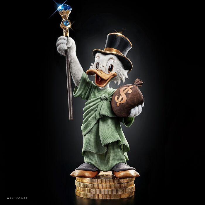 Scrooge McDuck holding a jeweled staff and money bag, standing on gold coins, luxury upgrade of childhood favorite character.
