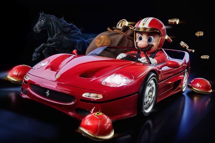 Mario wearing a racing helmet driving a luxury red Ferrari car, surrounded by floating luxury item upgrades and a black horse sculpture.