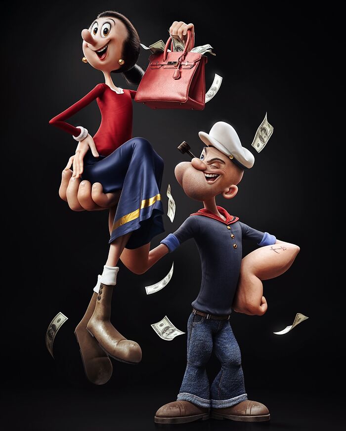 3D luxury upgrade of childhood favorites Popeye and Olive Oyl with money flying around on a black background
