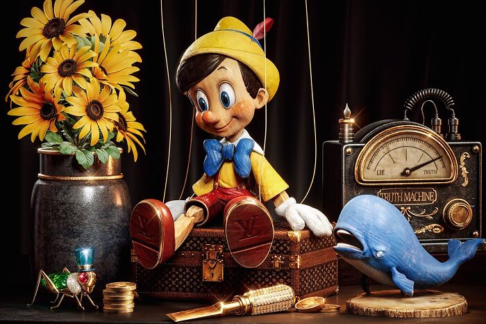 Pinocchio marionette with luxury Louis Vuitton shoes sitting on a designer trunk among upscale vintage items and sunflowers.