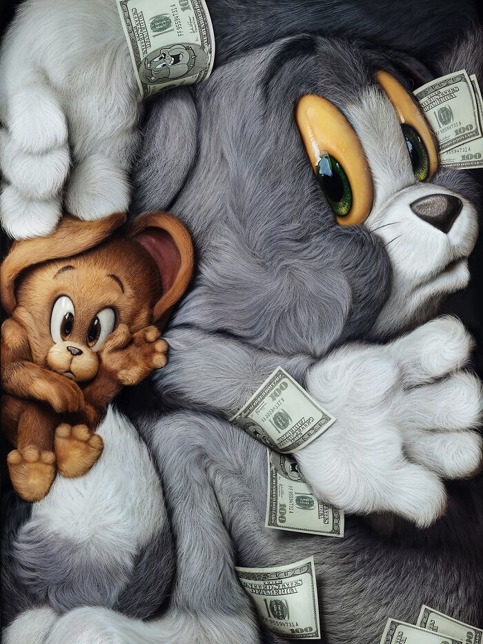 Tom and Jerry childhood favorites luxury upgrade with rolled hundred dollar bills tucked into their fur and paws.