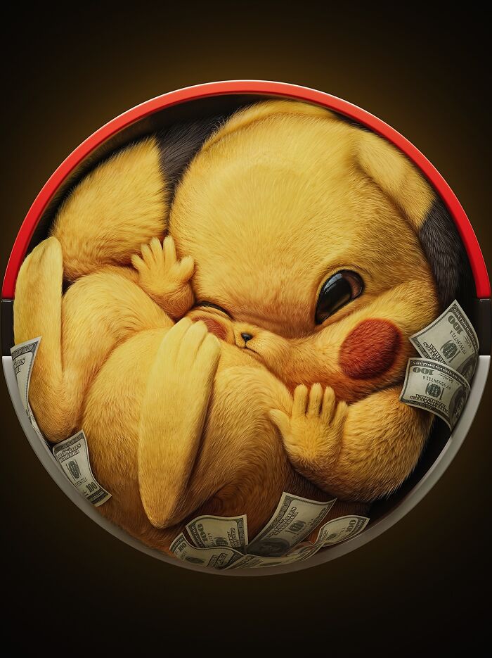 Plush Pikachu curled inside a Poké Ball surrounded by hundred-dollar bills, showcasing childhood favorites luxury upgrade.