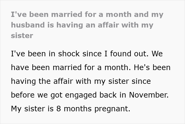 Text excerpt about a woman&rsquo;s world crumbling after her husband&rsquo;s dark secret of affair with her sister is revealed.