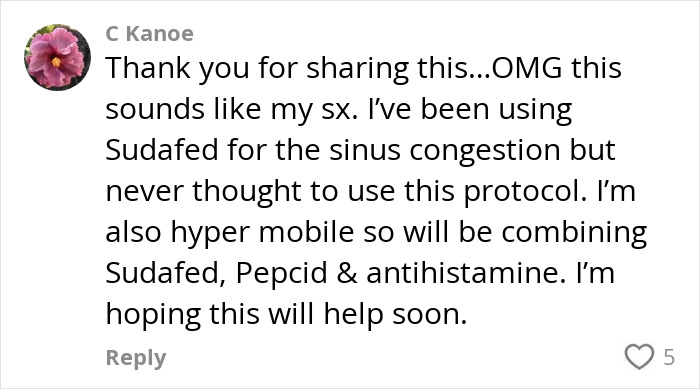 Comment from C Kanoe discussing using Sudafed and antihistamine for sinus congestion after friend solves medical mystery quickly. Comment from C Kanoe discussing using Sudafed and antihistamine for sinus congestion after friend solves medical mystery quickly.