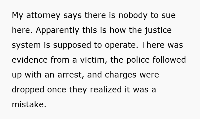 Text excerpt explaining a man proven not guilty of a crime but still facing consequences from the justice system.