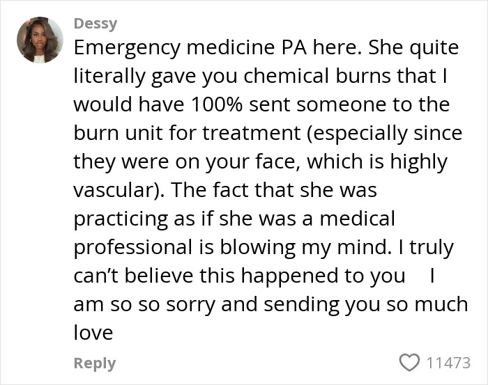 Comment from emergency medicine PA describing chemical burns on face caused by celebrity facialist resulting in permanent disfigurement.