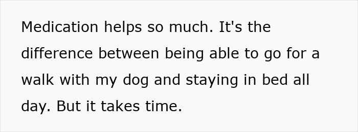 Text image showing a quote about medication helping manage symptoms and improving daily life over time.