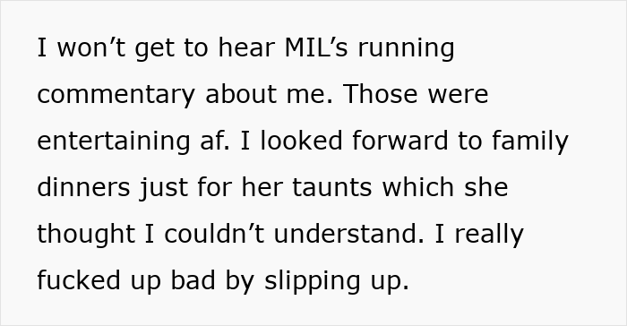 Alt text: Text about husband&rsquo;s parents speaking their native language with running commentary and family dinner taunts.