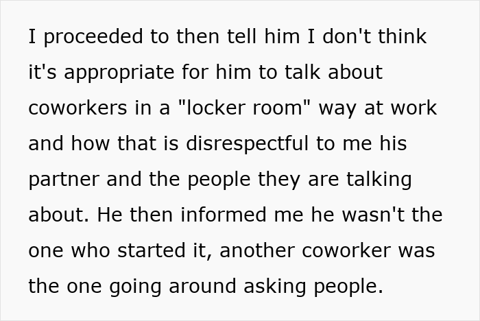 Text discussing inappropriate locker room talk about coworkers leading to suspicion of husband's coworker.