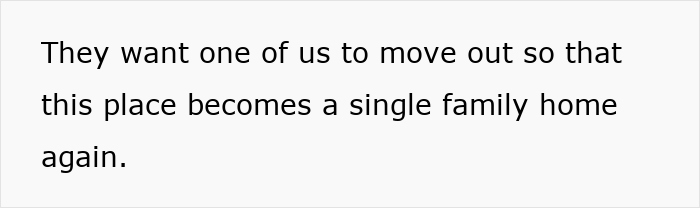 Text on white background stating HOA tries to force one sibling to move out to keep house a single family home.