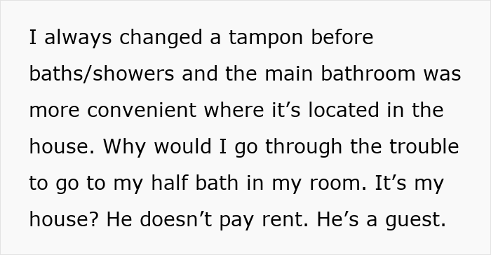 Text discussing a woman changing tampons and confronting a guest who disrespects her period in her own house.