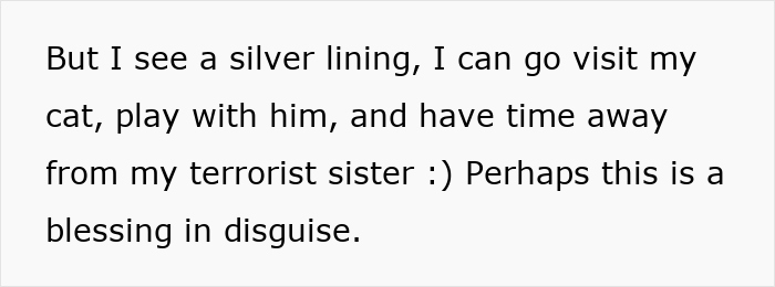 Text excerpt about visiting cat and sister conflict, highlighting parents trying to get rid of cat while pregnant sister visits. Text excerpt about visiting cat and sister conflict, highlighting parents trying to get rid of cat while pregnant sister visits.