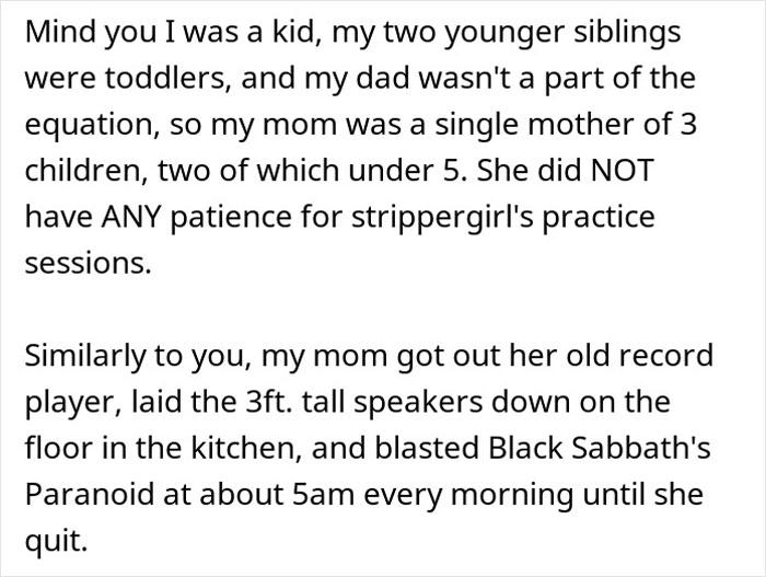 Text excerpt about a single mom blasting loud music early as petty revenge against noisy neighbors.