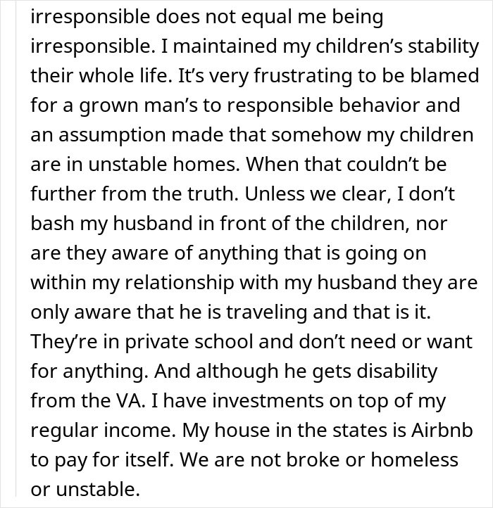 Text excerpt explaining family and financial stability amid relationship challenges, related to man expecting wife to rescue him after missing flight.