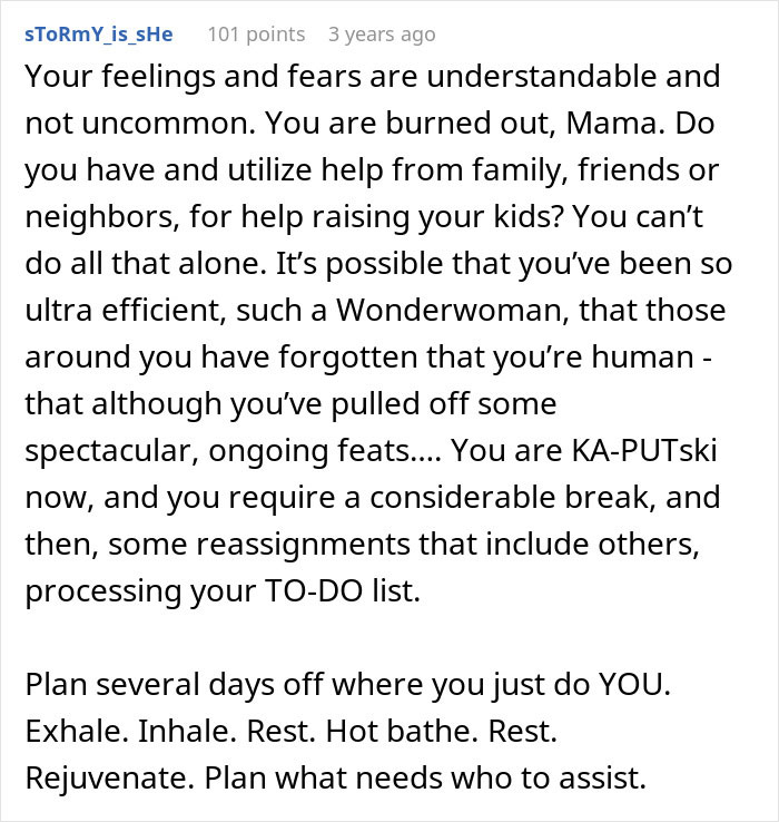 Comment expressing empathy for a woman fearing she won’t survive motherhood due to its difficulty and regrets having kids. Comment expressing empathy for a woman fearing she won’t survive motherhood due to its difficulty and regrets having kids.