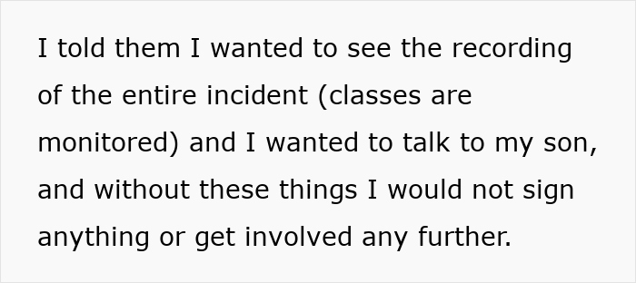 Text excerpt discussing a parent requesting to see class recordings after a teacher scares a student causing a shocked reaction.