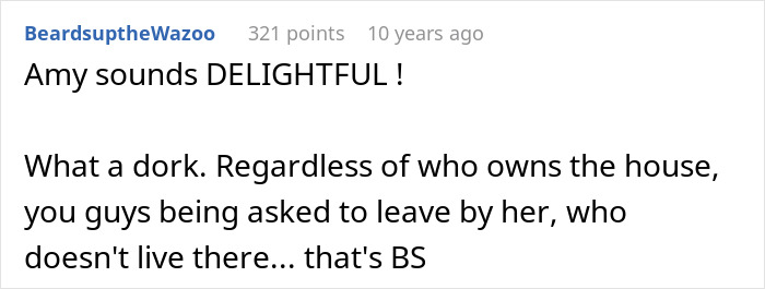 Screenshot of an online comment discussing a woman accusing homeowners of ruining her party by not leaving their home.