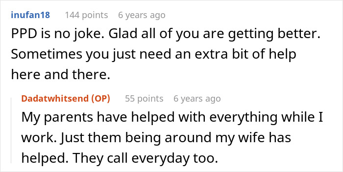 Reddit user discussing postpartum depression support from parents while managing work and family after wife leaves toddlers.