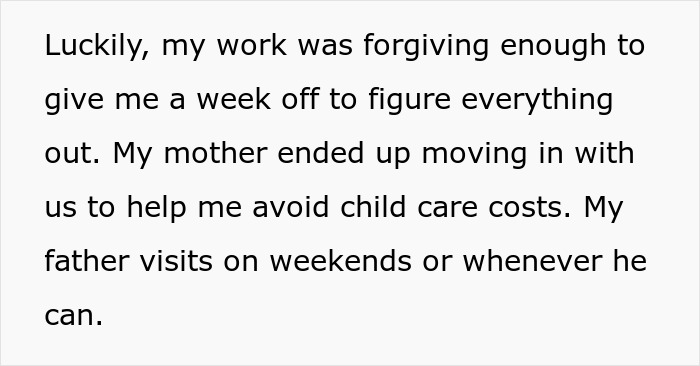 Text about wife leaving toddlers behind and husband managing childcare with family support and work flexibility.