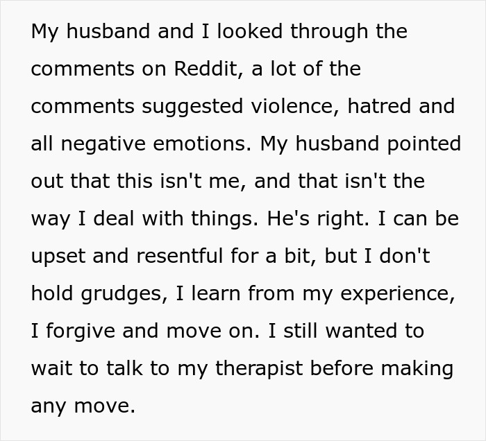 Text excerpt discussing a woman reflecting on emotions and healing after learning the truth about studying abroad. Text excerpt discussing a woman reflecting on emotions and healing after learning the truth about studying abroad.