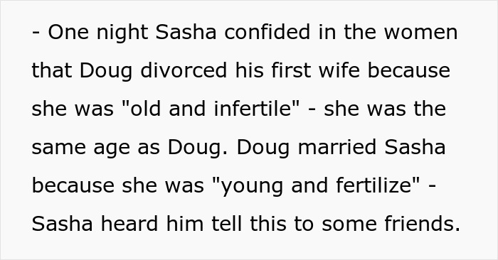 Text excerpt discussing a woman named Sasha and a man named Doug involving divorce and fertility issues. Text excerpt discussing a woman named Sasha and a man named Doug involving divorce and fertility issues.
