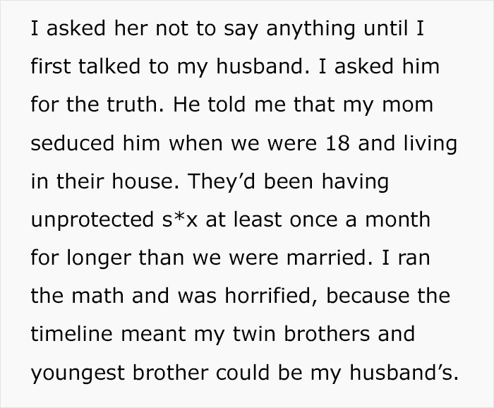 Text message revealing a woman confronting her husband about her mom's long-term affair with him and its shocking consequences.