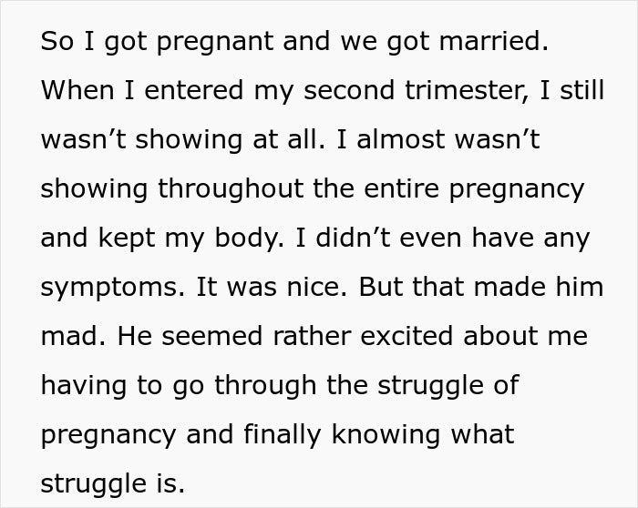 Text excerpt about pregnancy struggles, highlighting a man who hates how easy everything comes to his wife and wants her to suffer. Text excerpt about pregnancy struggles, highlighting a man who hates how easy everything comes to his wife and wants her to suffer.