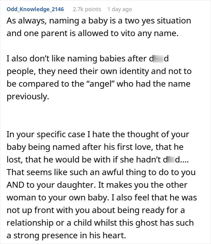 Screenshot of an online discussion about a man wanting to name his baby after his first girlfriend, upsetting his wife. Screenshot of an online discussion about a man wanting to name his baby after his first girlfriend, upsetting his wife.
