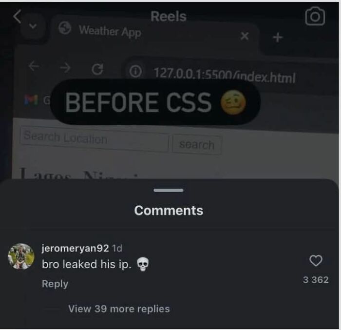 Screenshot of a humorous programming meme showing a leaked IP address and a comment about it from a programmer.