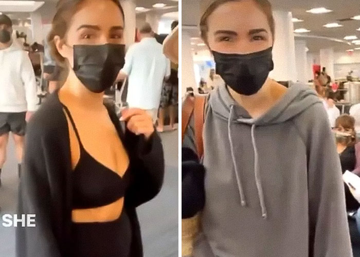 Model wearing black mask and outfit at airport, highlighting her big breasts and addressing discrimination claims by flight attendant.