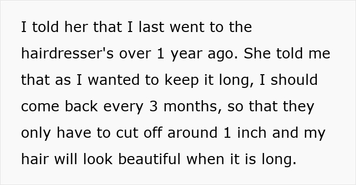 Text excerpt about a woman explaining hairdresser visits and haircut advice, related to short haircut comparisons. Text excerpt about a woman explaining hairdresser visits and haircut advice, related to short haircut comparisons.