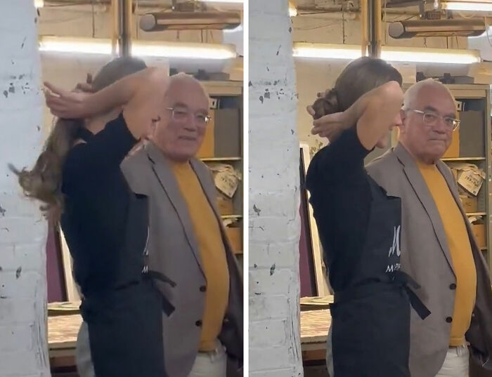 Kade Middleton demonstrating the no-hairband perfect bun trick while a man in a beige jacket stands nearby indoors. Kade Middleton demonstrating the no-hairband perfect bun trick while a man in a beige jacket stands nearby indoors.