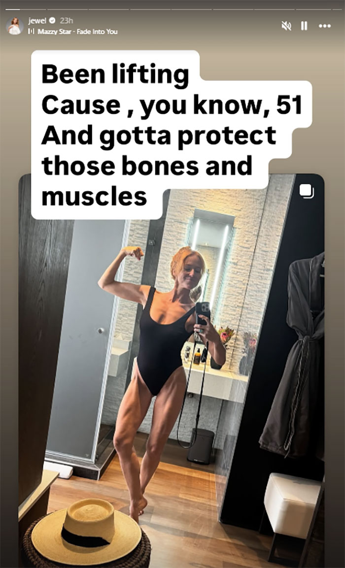 51-year-old 90s star flexing toned body in black bikini, sharing fitness secrets and lifting to protect bones and muscles.