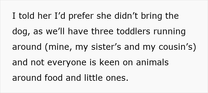 Text reading preferences about bringing a therapy dog to a family BBQ with toddlers and food safety concerns. Text reading preferences about bringing a therapy dog to a family BBQ with toddlers and food safety concerns.