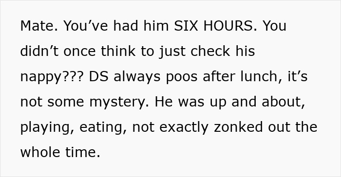 Text message complaining about a dad forgetting to change his son's diaper and feed him during childcare.