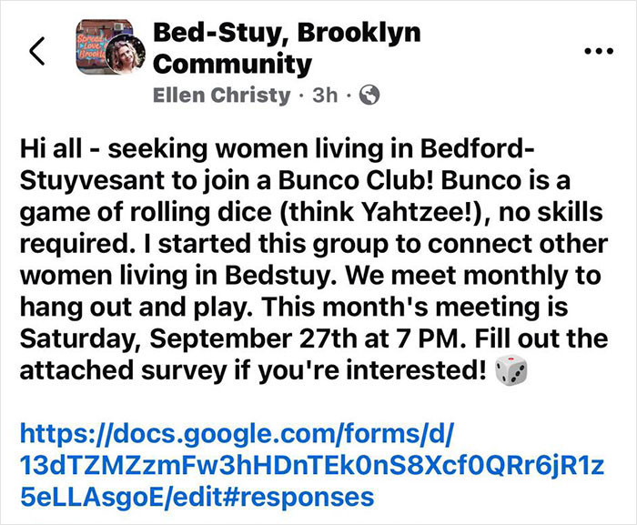 Screenshot of a Brooklyn midwife&rsquo;s dice game club post inviting women to join, raising safety concerns for non-white women.