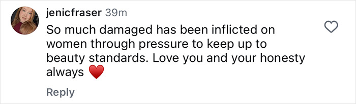 Comment on social media expressing support for Alyssa Milano&rsquo;s choice to remove her breast implants due to beauty pressure.