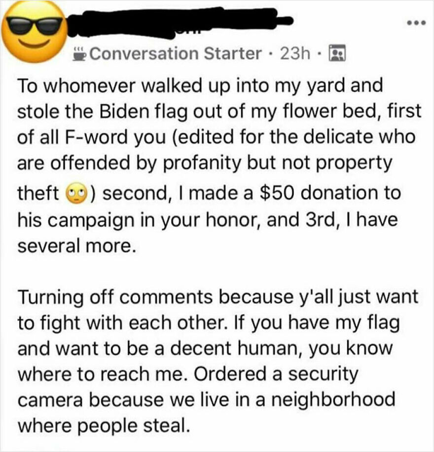 Screenshot of a social media post about theft and security concerns in a neighborhood, highlighting desire for peaceful living.