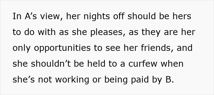 Text excerpt discussing a live-in nanny&rsquo;s nights off and being placed under a curfew by her employer.