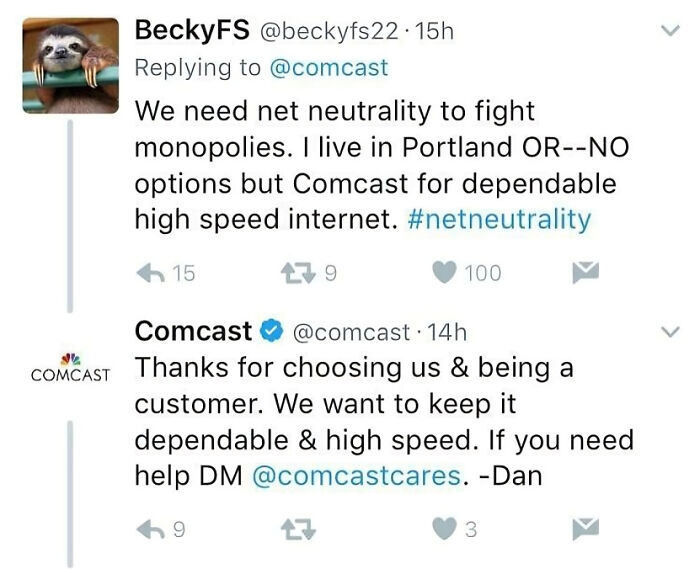 Comcast social media exchange about net neutrality highlighting a common company fail in social media communication.